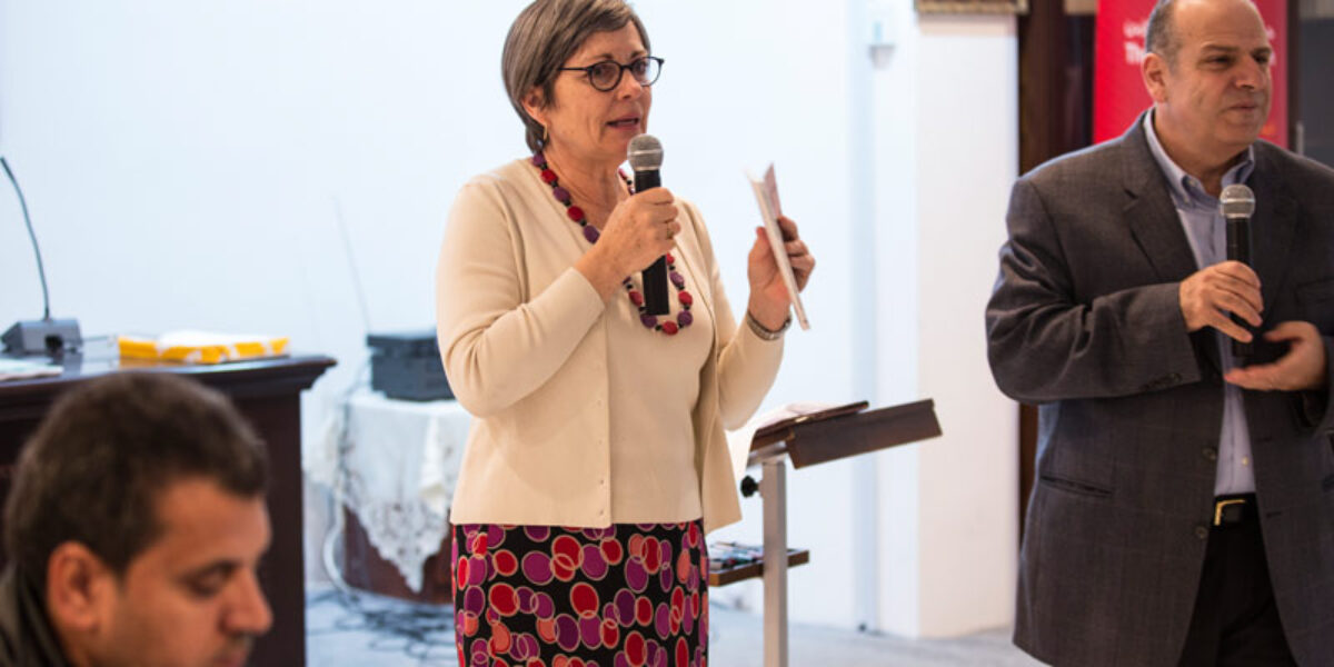 Harriet Hill gives a demonstration to students at the Bible based trauma healing session in Amman, Jordan. Hill is the director of the Trauma Healing Institute and was an instructor for the training in Amman.
