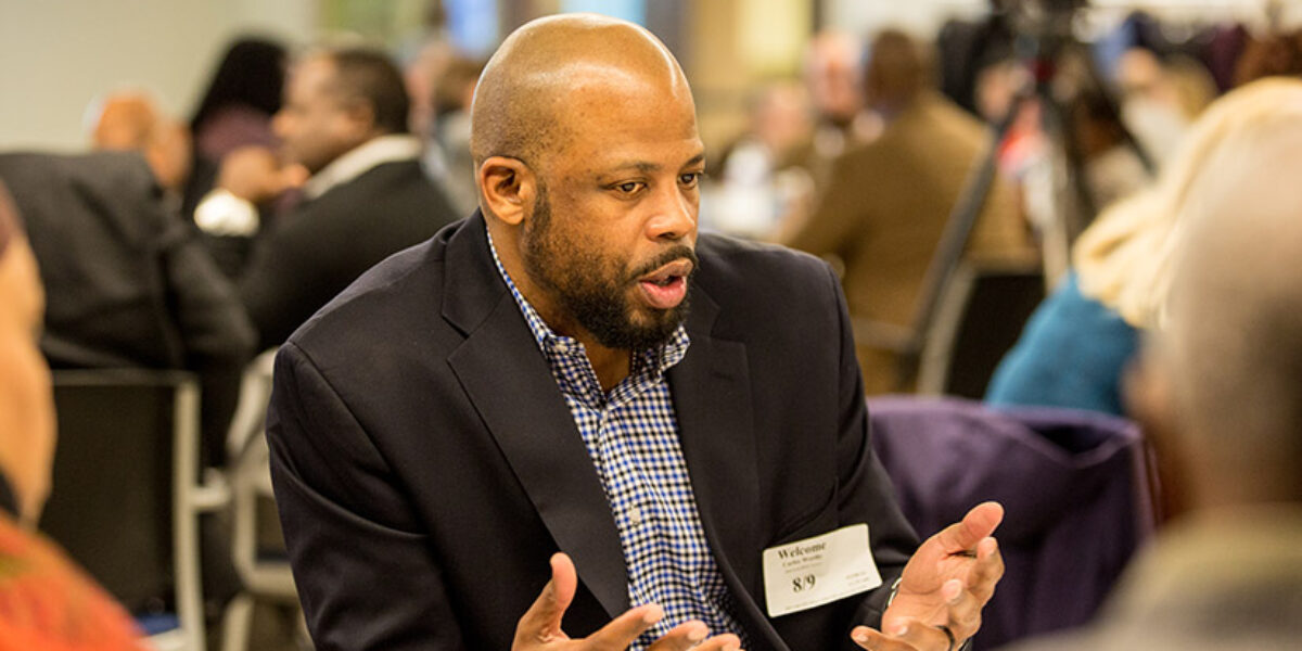 A participant joins in a discussion about the Bible and race during February’s “Under My Skin” event. Photo credit: Joshua Wann.