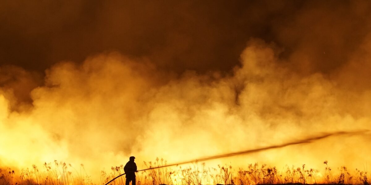 Silhouette of fireman fighting bushfire at night, man against the fire.